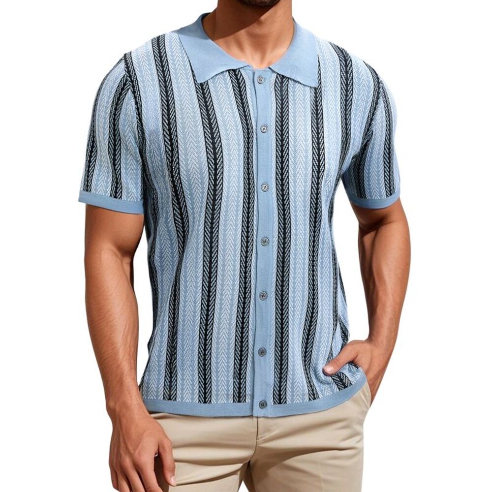 Striped Knitted Summer Short Sleeves Jacquard Polo Shirt Light Blue